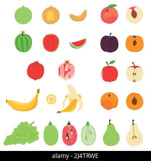 Collection of various hand drawn, flat colored fruits, isolated on a white background. Stock Vector
