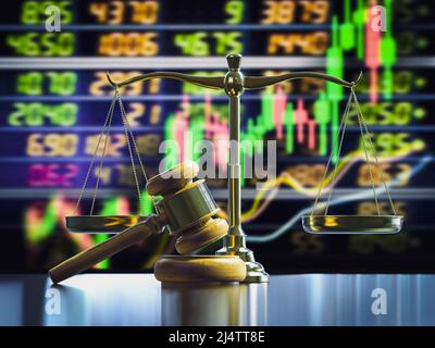 Financial law concept with 3d rendering law scale and gavel judge on stock market exchange board Stock Photo