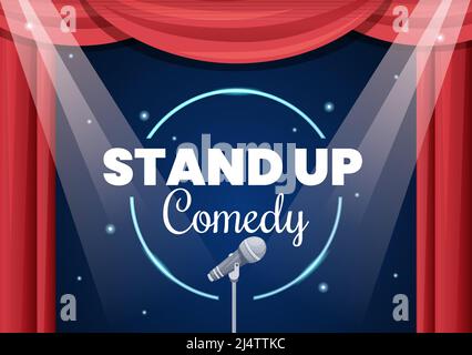 Stand Up Comedy Show Theater Scene with Red Curtains and Open Microphone to Comedian Performing on Stage in Flat Style Cartoon Illustration Stock Vector