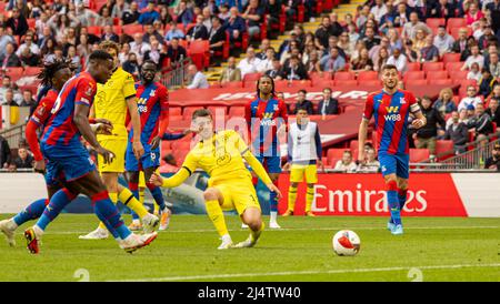 London, UK. 18th Apr, 2022. Chelsea's Mason Mount (C) scores the second goal during the FA Cup Semifinal match between Chelsea and Crystal Palace in London, Britain, on April 17, 2022. Chelsea won 2-0 and advanced into the final. Credit: Xinhua/Alamy Live News Stock Photo