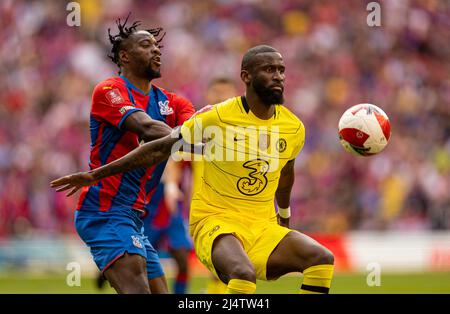 London, UK. 18th Apr, 2022. Chelsea's Antonio Rudiger (R) shields the ball from Crystal Palace's Jean-Philippe Mateta during the FA Cup Semifinal match between Chelsea and Crystal Palace in London, Britain, on April 17, 2022. Chelsea won 2-0 and advanced into the final. Credit: Xinhua/Alamy Live News Stock Photo