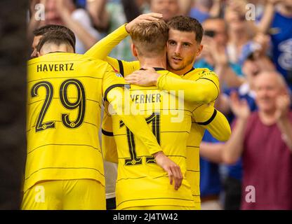 London, UK. 18th Apr, 2022. Chelsea's Mason Mount (R) celebrates after the FA Cup Semifinal match between Chelsea and Crystal Palace in London, Britain, on April 17, 2022. Chelsea won 2-0 and advanced into the final. Credit: Xinhua/Alamy Live News Stock Photo