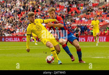 London, UK. 18th Apr, 2022. Chelsea's Timo Werner (L) vies with Crystal Palace's Joachim Andersen during the FA Cup Semifinal match between Chelsea and Crystal Palace in London, Britain, on April 17, 2022. Chelsea won 2-0 and advanced into the final. Credit: Xinhua/Alamy Live News Stock Photo