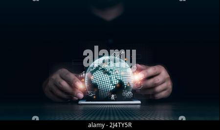 Investment technology with a global internet connection, financial, banking application, and big data network concepts. Hand using mobile smart phone Stock Photo