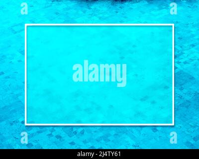 A transparent glass border frame on the blue water surface with mosaic grid tiles pattern on the swimming pool background, top view. Empty blank space Stock Photo