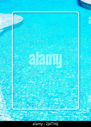 A minimalist white thin line makes a decorative square border frame on blue water surface on the swimming pool background. Empty blank space for summe Stock Photo