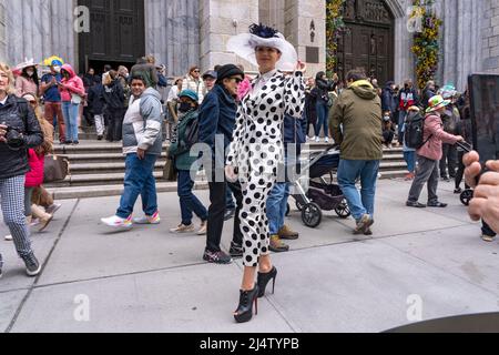 New York, United States. 17th Apr, 2022. Ruta poses during the Easter Parade and Bonnet Festival 2022 outside St. Patrick's Cathedral along Fifth Avenue on Easter Sunday in New York City. The annual Easter Parade and Bonnet Festival returned this year after being canceled in 2020 and officially held virtually in 2021, although people filled the streets and participated anyways. Credit: SOPA Images Limited/Alamy Live News Stock Photo