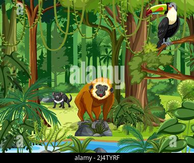 Forest scene with various wild animals illustration Stock Vector