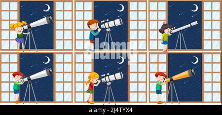 Set of different kids observe night sky with telescope illustration Stock Vector