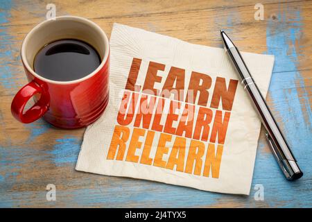 learn, unlearn, relearn - word abstract on a napkin with a cup of coffee, continuous learning, education and personal development concept Stock Photo