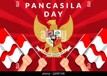 pancasila day flat illustration banner poster with hand holding indonesia flag Stock Vector