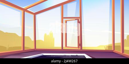 Greenhouse empty interior with glass walls, windows, roof and stone floor. Winter garden, orangery, hothouse cartoon background, place for growing flowers and plants inside view, Vector illustration Stock Vector