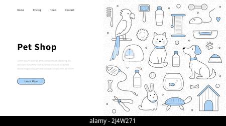 Pet shop banner with doodle cat, dog, parrot, mouse, and bunny. Vector landing page of store with pet accessories with hand drawn animals, aquarium with fish, turtle, scratching post and kennel Stock Vector