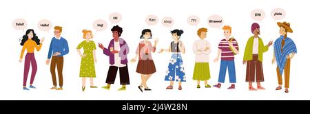 Diverse multilingual people group say hello on different foreign languages. Multinational happy young male and female characters greetings, friendly gestures, Line art flat vector illustration Stock Vector