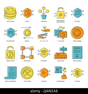 NFT token and blockchain icon set in line style. Virtual property and digital money symbols. Vector illustration. Stock Vector