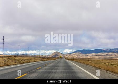 Scenic landscape in Colorado, a road near Great Sand Dunes National Park and the Sangre de Cristo Mountains Stock Photo