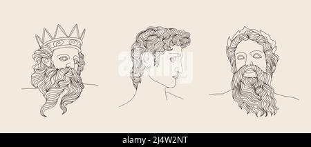 Ancient greek sculpture. Set of linear gods antique statues. Trendy vector illustration in one line drawing style. Hand drawn outline male silhouettes Stock Vector
