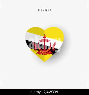 Brunei heart shaped flag. Origami paper cut Bruneian national banner. 3D vector illustration isolated on white with soft shadow. Stock Vector