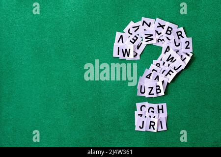 Question mark on green background with copy space made of paper with letters and numbers minimal concept of finding help answering problem analysis an