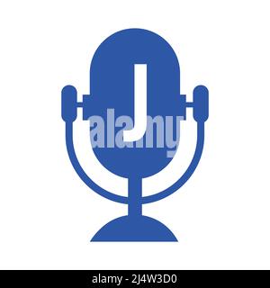 Podcast Radio Logo On Letter J Design Using Microphone Template. Dj Music, Podcast Logo Design, Mix Audio Broadcast Vector Stock Vector