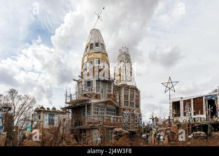 Antonito, Colorado - April 3, 2022: Cano's Castle, built single-handedly by Donald 'Cano' Espinoza, a Native American Vietnam vet Stock Photo