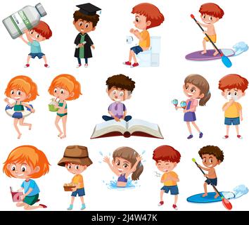 Set of children doing different activities on white background illustration Stock Vector