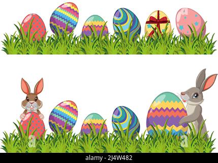 Easter bunny and decorated eggs on green grass illustration Stock Vector