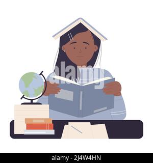 Bored sad student with book on head. Exhausted unhappy female pupil isolated illustration Stock Vector