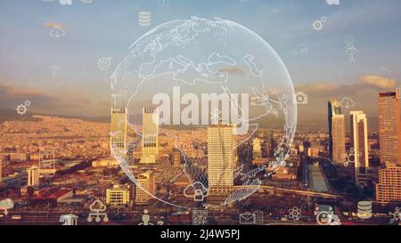 Global connection and the internet network modernization in smart city . Concept of future 5G wireless digital connecting and social media networking Stock Photo