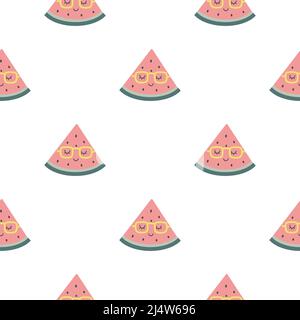 Funny watermelon seamless pattern. Slices of delicious summer fruit with different kawaii emotions in a cute flat cartoon style Stock Vector