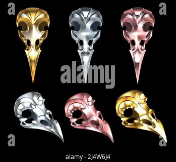 Set of jewelry, bird skulls, drawn in different angles from iron, rose gold and gold on black background. Stock Vector