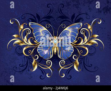 Golden, jewelry, butterfly with blue, shiny, sapphire wings, decorated with symmetrical pattern of gold, on dark, textured, blue background. Sapphire Stock Vector