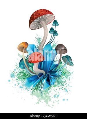 Artistically drawn, red, blue, yellow stylized mushrooms and moss growing on blue crystal. Stock Vector