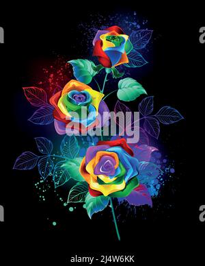 Branch of artistically drawn, unrealistic, fantastic, bright, rainbow roses with drops of luminous paint on black background. Rainbow rose. Stock Vector