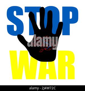 Stop war sign on hand icon. No war conceptal vector illustration with the map of Ukraine painted on the hand Stock Vector