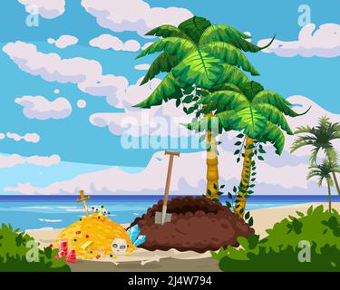 Treasure tropical Island, dug drug treasure pit from the ground, ancient pirate treasure pile of gold, scull, exotic plants, palms, sea, ocean, clouds Stock Vector