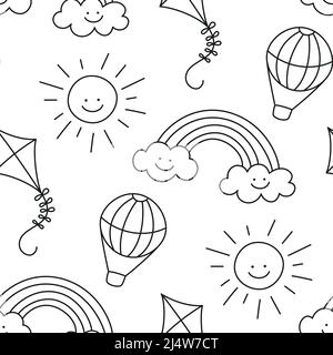 Seamless pattern with children drawings. Kids doodle hot air balloon. Hand drawn smiling sun, kite and rainbow. Childish pattern. Cute baby texture Stock Vector