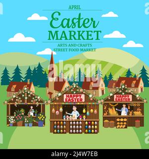 Easter Market poster, Holiday City Spring Fair, wooden stalls decorated flowers, colored Easter eggs, bunny, baking. Europe village background. Vector Stock Vector