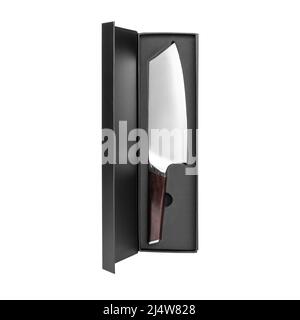 Stainless steel butcher's knife in black box. Meat cleaver knife. Vertical shot. Stock Photo