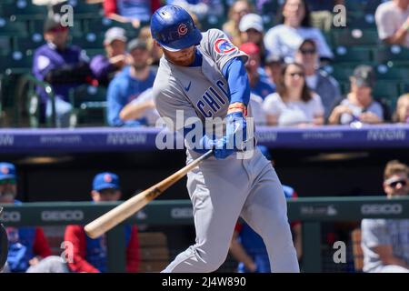 April 17 20261: Chicago left fielder Clint Frazier (27) gets a hit during  the game with Chicago Cubs and Colorado Rockies held at Coors Field in  Denver Co. David Seelig/Cal Sport Medi(Credit