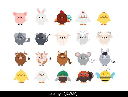 Circle farm animal cute faces with paw ui icon set. Stock Vector