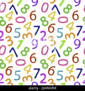 Seamless pattern of multicolored numbers, hand-drawn elements in a cartoon style. Bright Arabic numerals. School. Learning. Children. Learning. Cute n Stock Vector