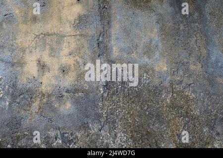 A gray and yellow concrete wall with mildew and crumbling dirty texture Stock Photo