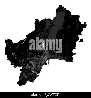 Malaga map. Detailed vector map of Malaga city administrative area. Cityscape poster metropolitan aria view. Black land with white streets, roads and Stock Vector