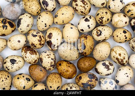 Easter composition. Easter background. Easter quail eggs. Quail eggs on gray background. High quality photo Stock Photo