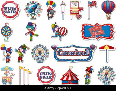 Sticker set of amusement park objects and cartoon characters ...