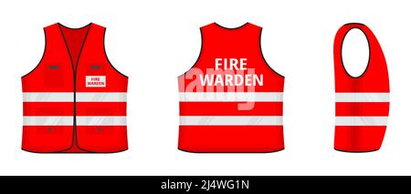 Safety reflective vest with label FIRE WARDEN tag flat style design vector illustration set. Red fluorescent security safety work jacket with reflecti Stock Vector
