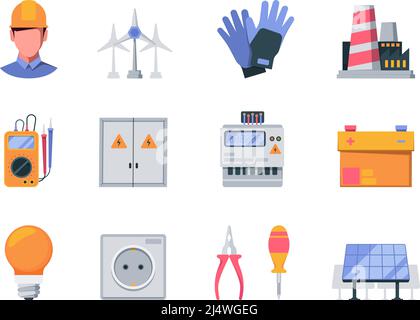Electric equipment. Lightning power industrial glowing electricity tools garish vector voltmeter colored pictures Stock Vector