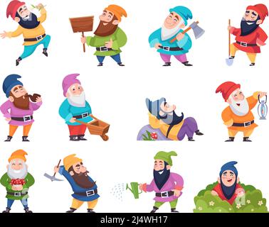 Cartoon dwarf. Mining fantasy gnomes in various poses funny fairytale characters exact vector dwarf illustrations Stock Vector