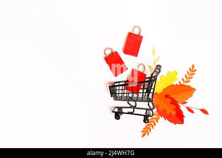 autumn shopping grocery cart with paper bags and red falling leaves on white background. Concept Autumn sale. copy space Stock Photo